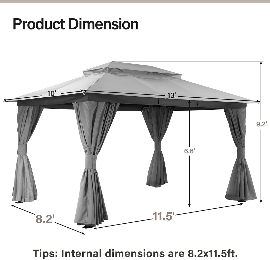 LAUSAINT HOME 10'x13' Outdoor Gazebo, Metal Frame Heavy Duty Patio Canopy Tent Shelter with Double Roofs, Mosquito Nettings and Privacy Screens for Backyard, Garden, Lawn, Gray