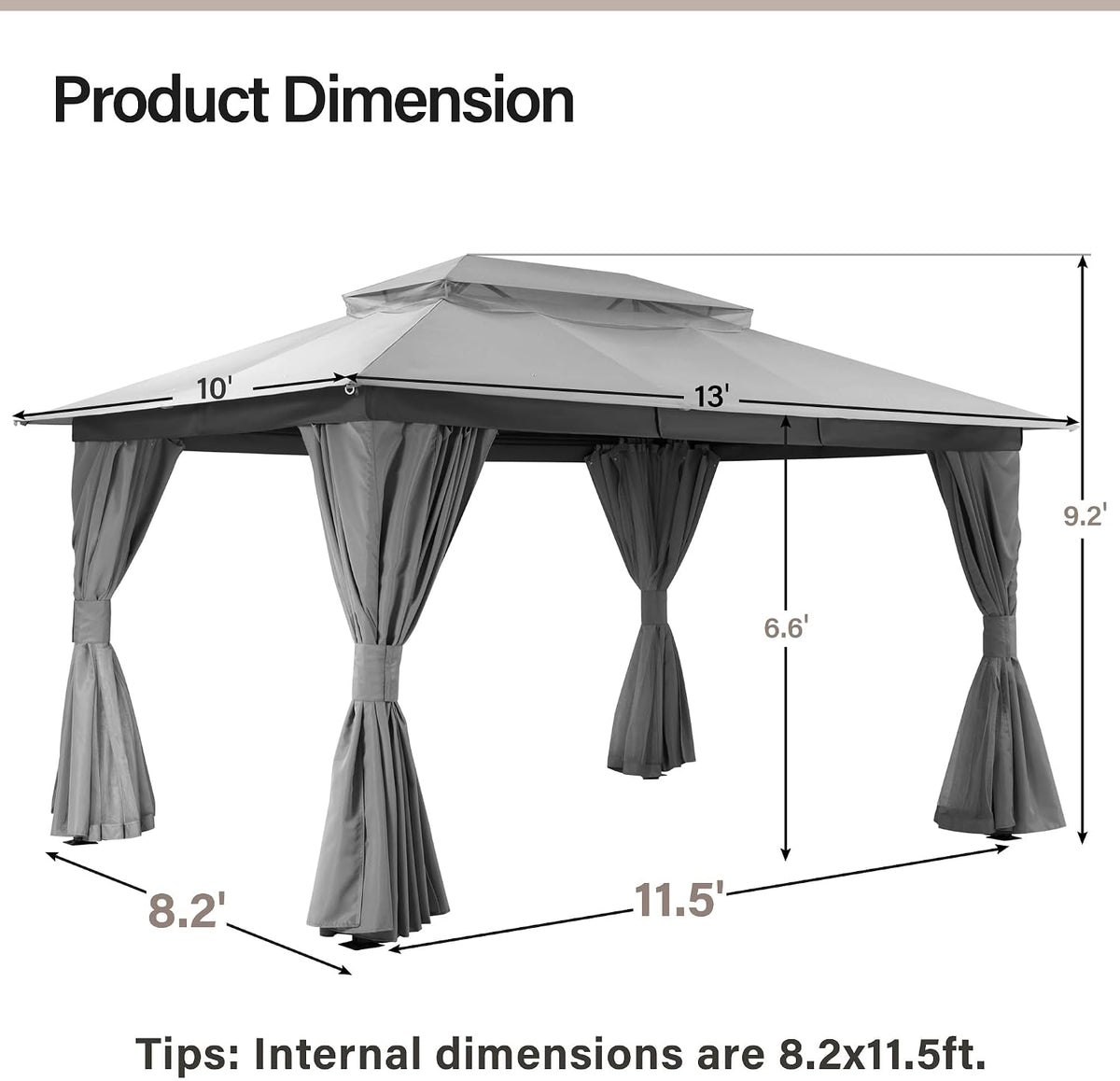 LAUSAINT HOME 10'x13' Outdoor Gazebo, Metal Frame Heavy Duty Patio Canopy Tent Shelter with Double Roofs, Mosquito Nettings and Privacy Screens for Backyard, Garden, Lawn, Gray