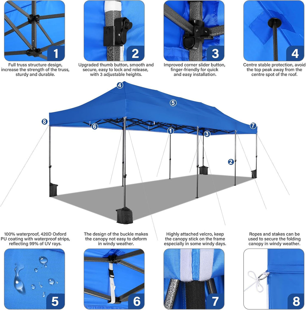 COBIZI 10x30 Heavy Duty Pop Up Canopy Tent with 8 Sidewalls Thicken Frame, Commercial Easy Up Outdoor Wedding Party Tents, All Season Waterproof Windproof with Stakes Sandbags Ropes Roller Bag, Blue