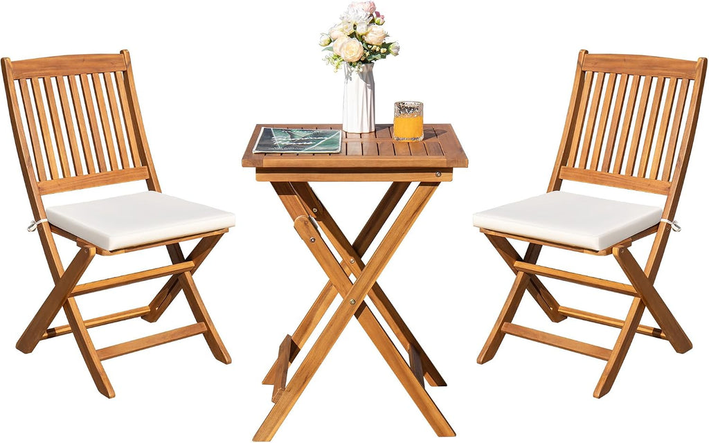 Greesum 3 Piece Patio Folding Furniture Bistro Set with 2 Chairs and Square Table for Pool Beach Backyard Balcony Porch Deck Garden,Acacia Wood