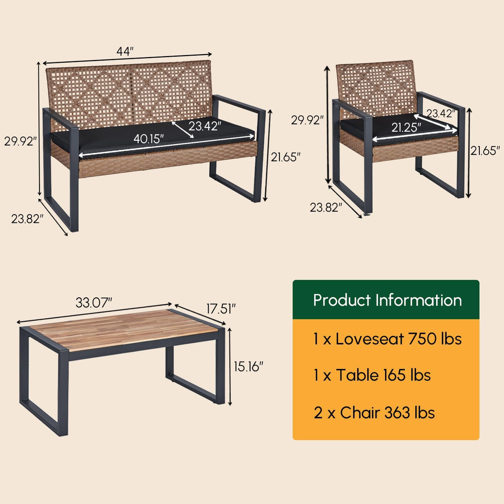 BEEFURNI Wicker Patio Furniture Outdoor Conversation Set of 4, Rattan Outdoor Furniture Set, Acacia Wood Table, 2 Chairs, 1 Loveseat, 2' Cushions, All Weather Set for Patio, Porch, Balcony (Brown)