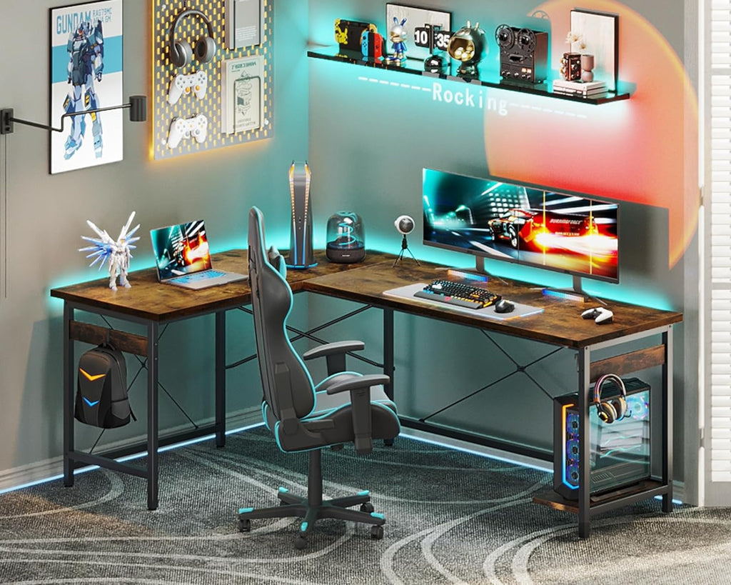 Coleshome 66' L Shaped Larger Gaming Desk, Corner Computer Desk, Sturdy Home Office Computer Table, Writing Workstation, Vintage