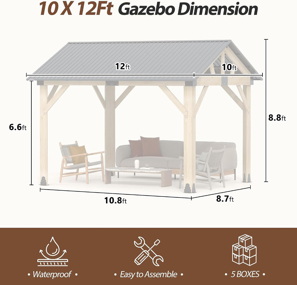 10' x 12' Wood Gazebo, Outdoor Cedar Hardtop Wooden Frame Gazebos with Galvanized Steel Roof for Garden, Patio, Deck