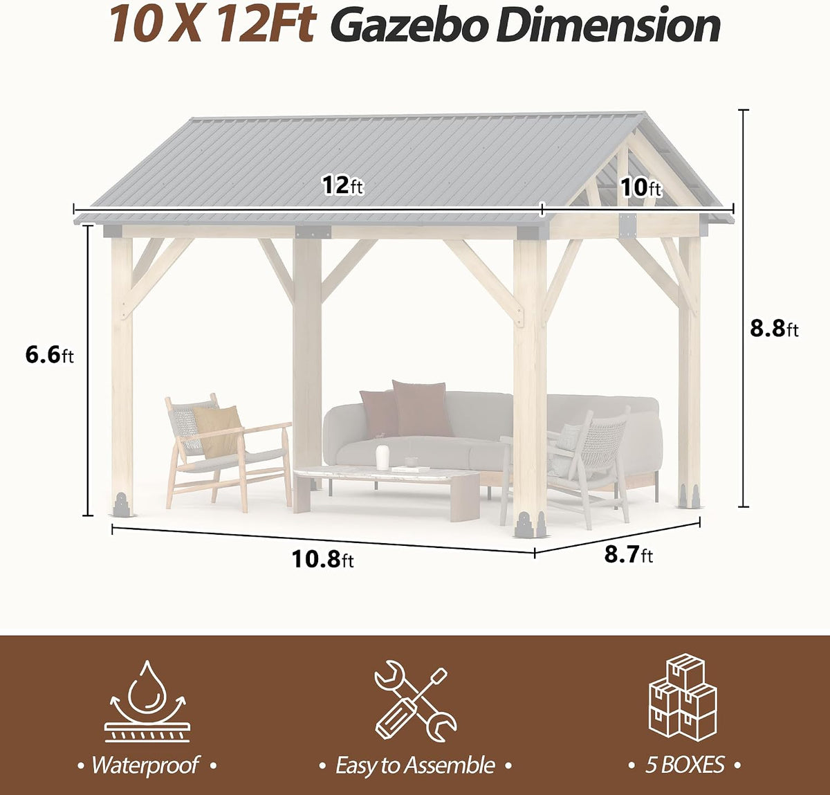 10' x 12' Wood Gazebo, Outdoor Cedar Hardtop Wooden Frame Gazebos with Galvanized Steel Roof for Garden, Patio, Deck