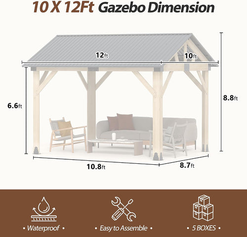 10' x 12' Wood Gazebo, Outdoor Cedar Hardtop Wooden Frame Gazebos with Galvanized Steel Roof for Garden, Patio, Deck