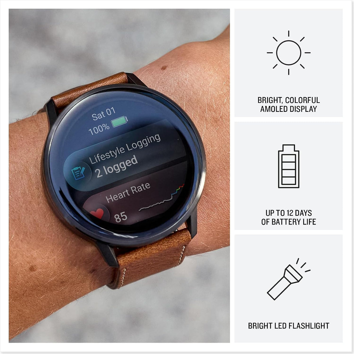 Garmin Venu 4 (45mm) Smartwatch – GPS, AMOLED, Sleep Coach, Body Battery, Slate w/Black Band and Brown Leather Band Bundle w/Deco Essentials Charging Dock, 3-Pack Dust Covers & 1.4' Screen Protector