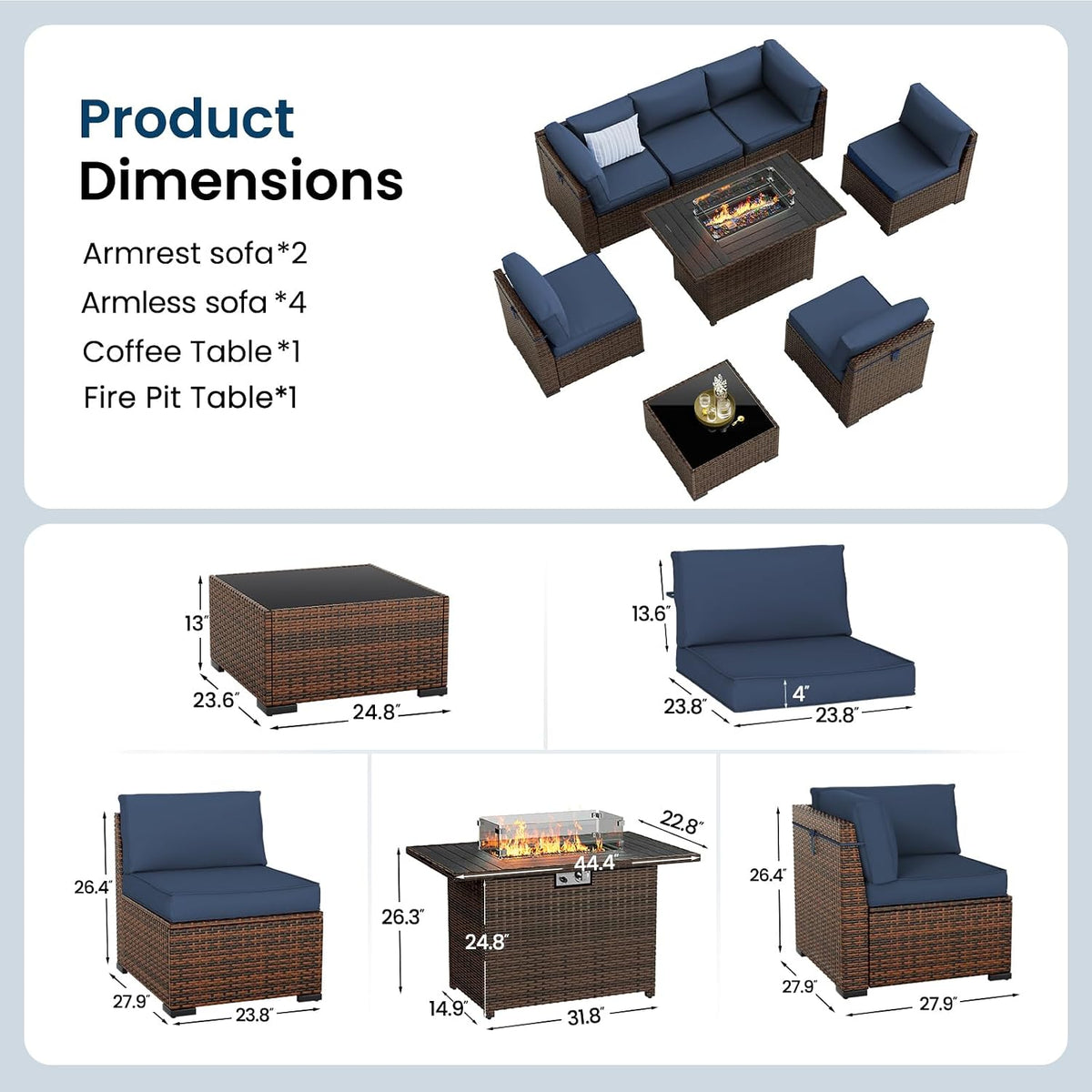 Amopatio 8-Piece Outdoor Patio Furniture Set with 44' Fire Pit Table, Modern Rattan Sectional Couch with Tempered Glass Coffee Table, Thickened Cushions and Include Waterproof Cover (Navy Blue)