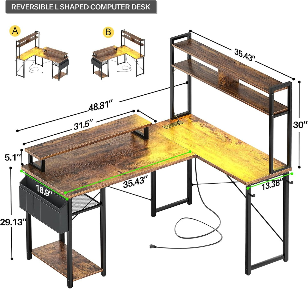 Aheaplus Small L Shaped Gaming Desk with LED Lights & Power Outlets, Reversible L-Shaped Computer Desk with Monitor Stand & Storage Shelf, Corner Desks Home Office Desk with Storage Bag, Rustic Brown