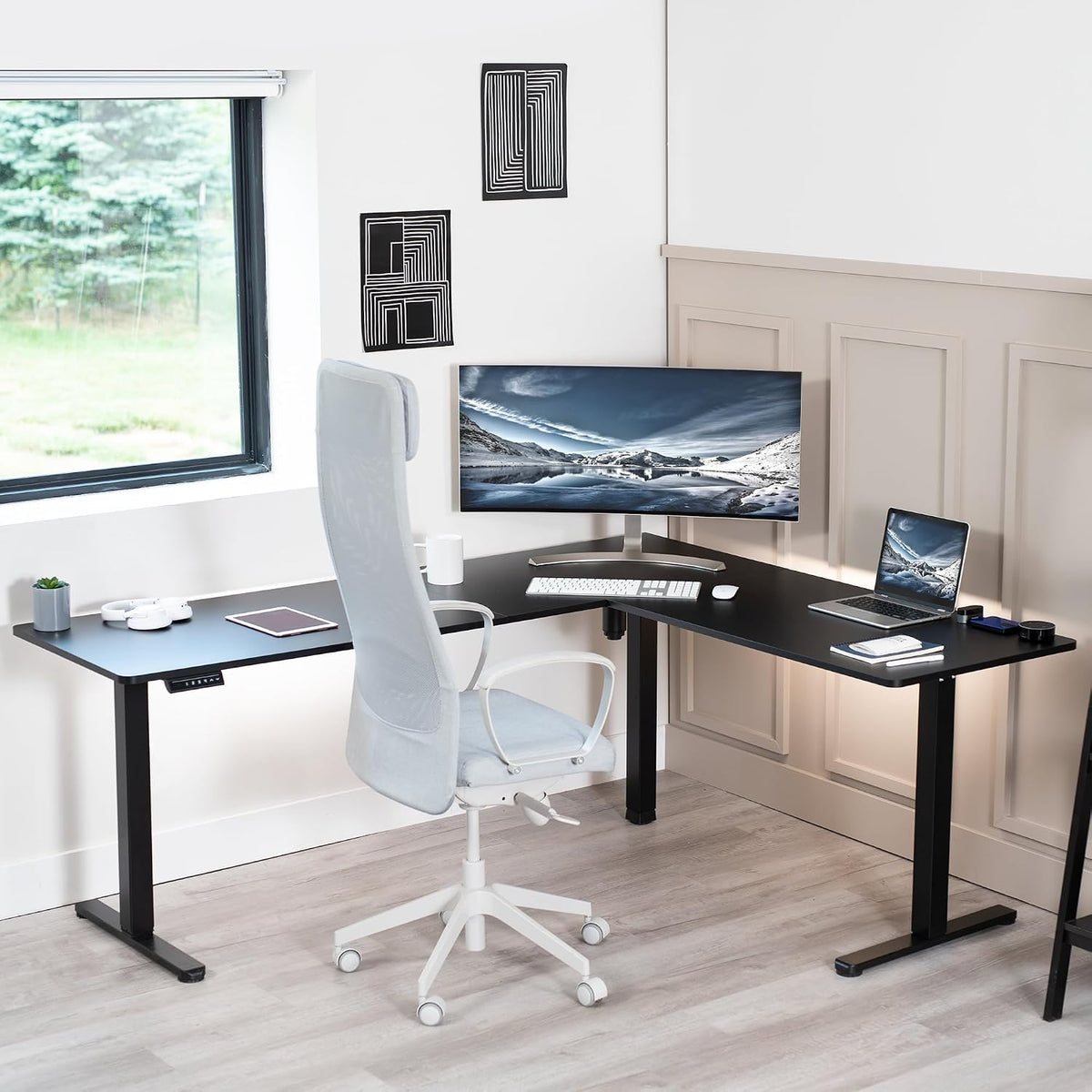 VIVO Corner Standing Desk, 75 x 63 inch Reversible L-Shaped Workstation, Electric Height Adjustment, Home, Office, and Reception Rooms, Black Table Top Black Frame, DESK-E3CTB-75