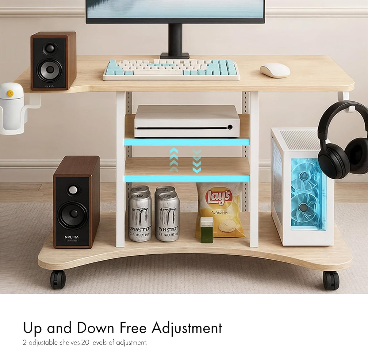 EUREKA ERGONOMIC Gaming Desk Computer, 37' Rolling Desk on Wheels for Small Space, Mobile Computer Cart with Pegboards Adjustable Shelves for Gaming PS Switch, Craft Station, Home Office - Maple