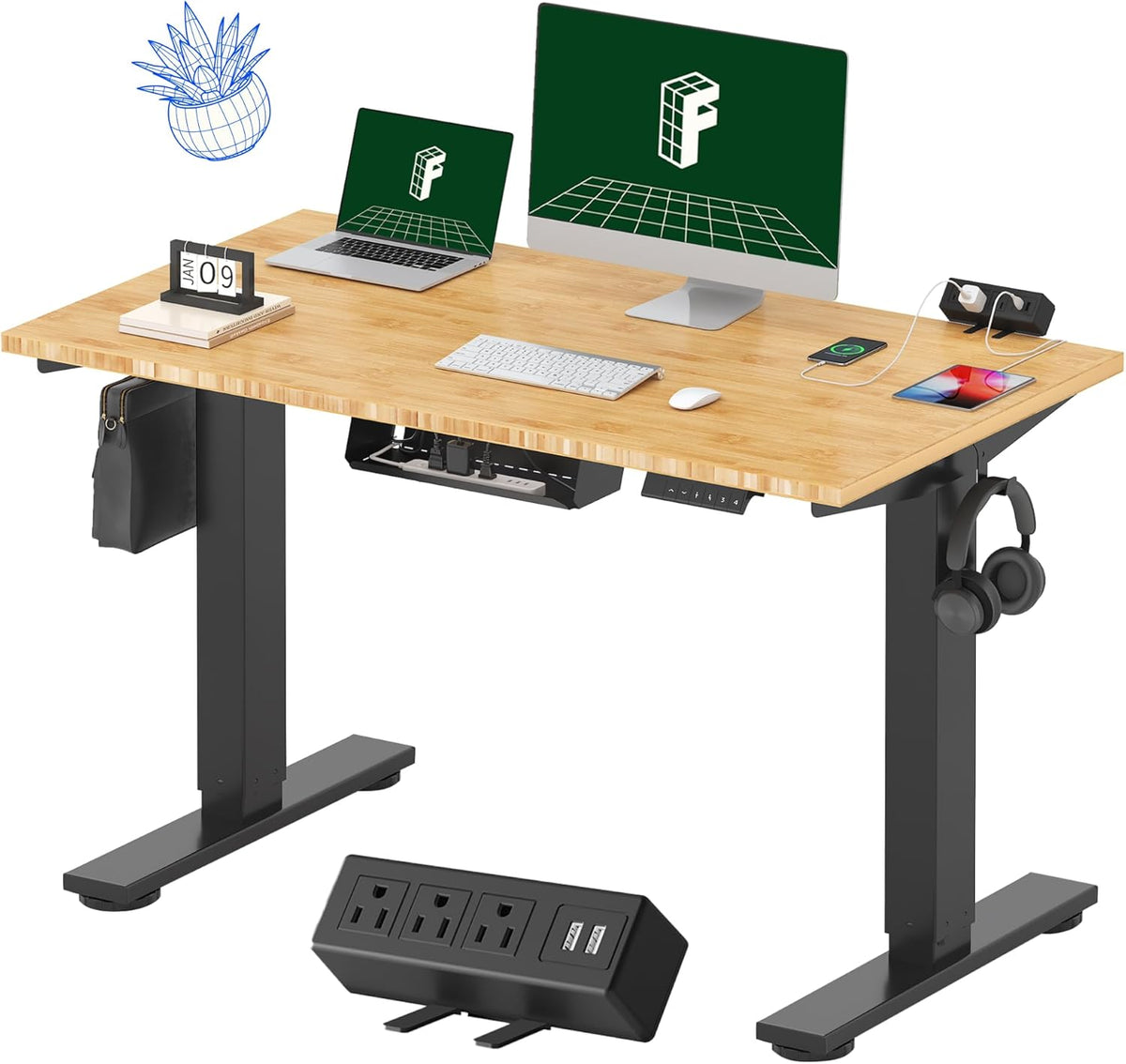 FLEXISPOT EN2 Bamboo Standing Desk with Clamp Power Strip, 48 x 24'' Electric Stand Up Height Adjustable Desk with Cable Management (Black Frame + 48' Bamboo Top, 2 Packages)