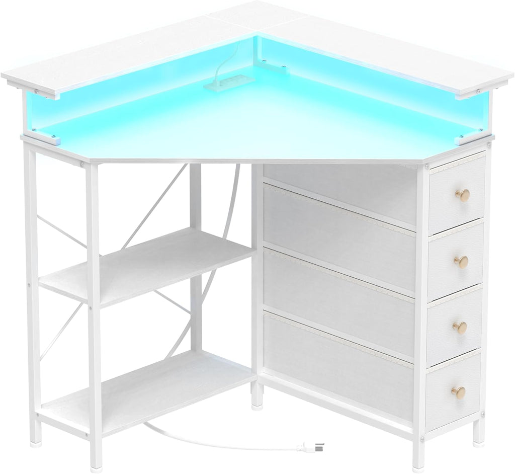 VENNQD Corner Desk with Drawers Shelves for Small Space 90 Degrees Triangle Computer Desk with Power Outlets,Gaming Desk with LED Lights Monitor Stand for Home Office Workstation Writing Table (White)