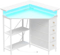 VENNQD Corner Desk with Drawers Shelves for Small Space 90 Degrees Triangle Computer Desk with Power Outlets,Gaming Desk with LED Lights Monitor Stand for Home Office Workstation Writing Table (White)