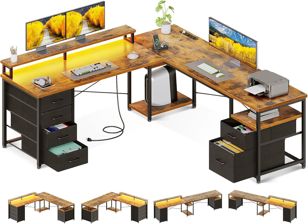 AODK 66' L Shaped Computer Desk, 113' Reversible Home Office Desk with File Cabinet & 4 Fabric Drawers, Two Person Desk with LED Lights & Power Outlet, Corner Gaming Desk with Monitor Shelf, Vintage