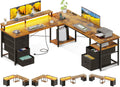 AODK 66' L Shaped Computer Desk, 113' Reversible Home Office Desk with File Cabinet & 4 Fabric Drawers, Two Person Desk with LED Lights & Power Outlet, Corner Gaming Desk with Monitor Shelf, Vintage