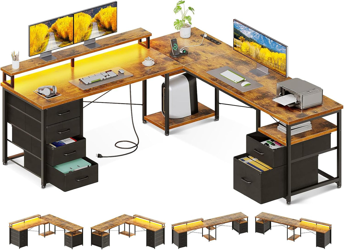 AODK 66' L Shaped Computer Desk, 113' Reversible Home Office Desk with File Cabinet & 4 Fabric Drawers, Two Person Desk with LED Lights & Power Outlet, Corner Gaming Desk with Monitor Shelf, Vintage