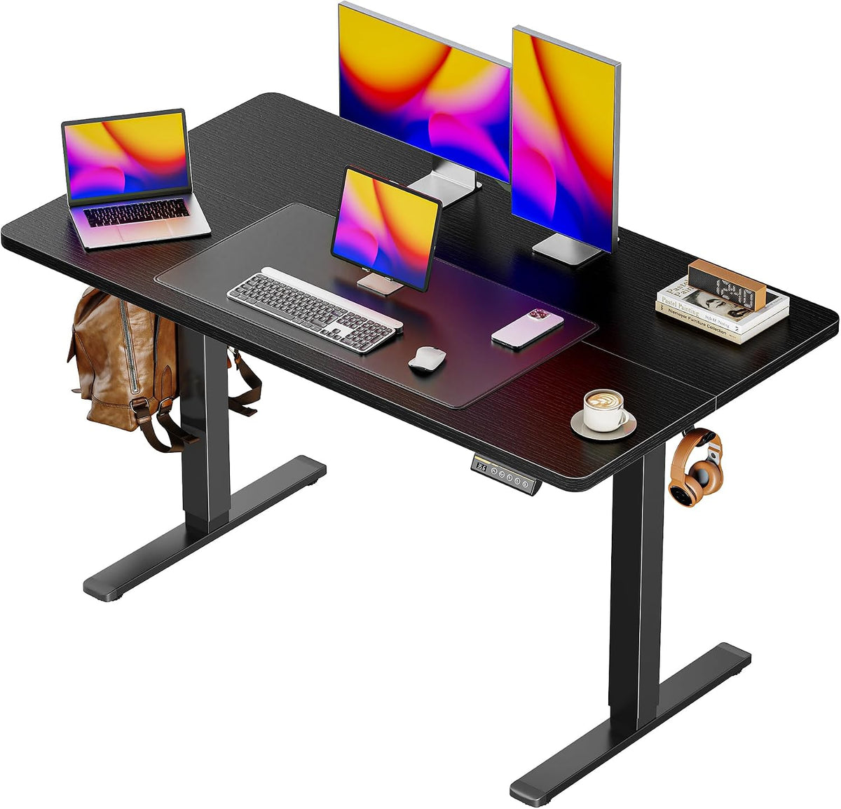 Huuger 48 x 28 Large Electric Standing Desk, Height Adjustable Desk, 27.6' Deep Desktop, Stand up Gaming, 2 Hooks, 3 Preset Heights, for Home Office, Black