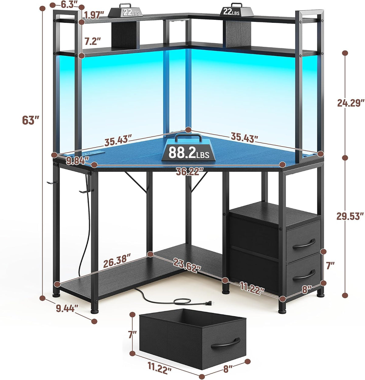 DurayLoly Corner Desk, 35.4' W x 63' H Small Gaming Desk and Black Office Desk with Hutch & LED Lights, Computer Desk with Drawers for Storage & Shelves and Hook for Small Space, Black
