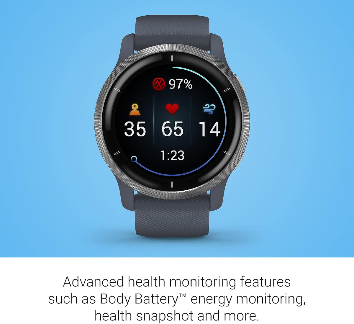Garmin Venu 2, GPS Smartwatch with Advanced Health Monitoring and Fitness Features, Silver Bezel with GraniteBlue Case and Silicone Band (Renewed)