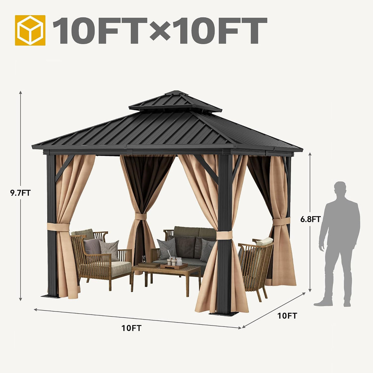 DWVO 10x10ft Hardtop Gazebo Double Roof Heavy Duty Galvanized Steel with Nettings and Curtains, for Patio, Backyard, Deck, Lawns, Brown