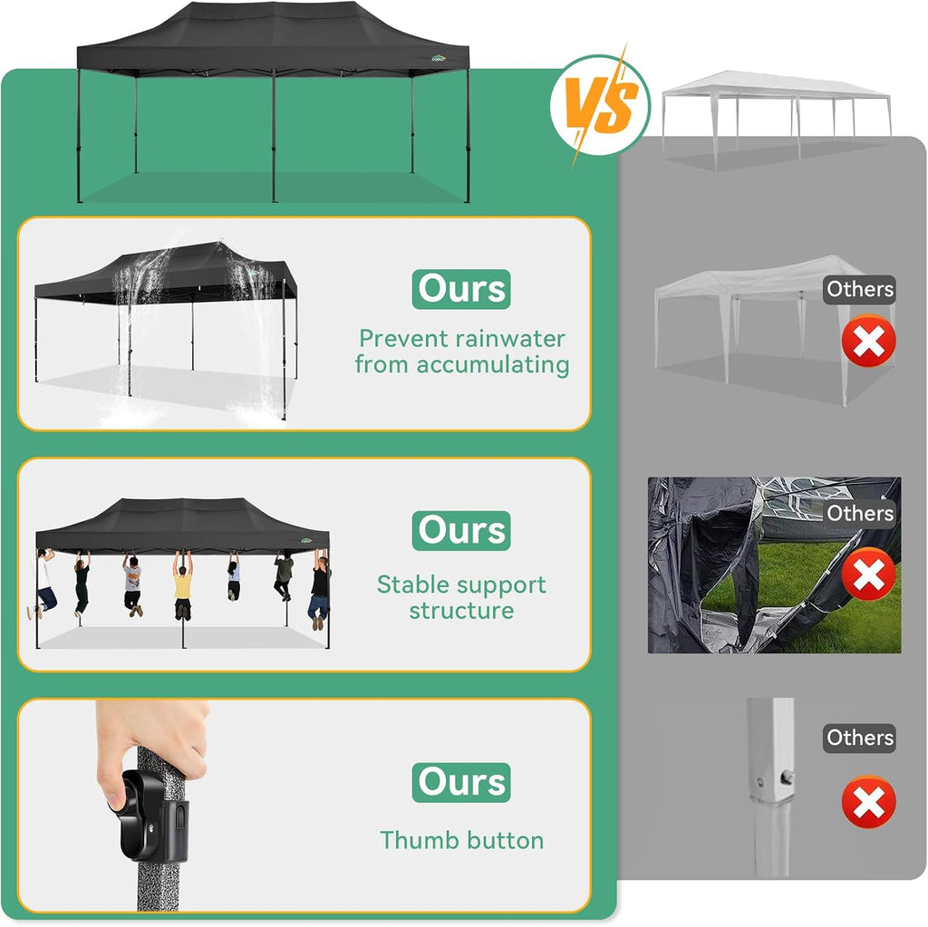 COBIZI 10x20 Heavy Duty Pop Up Canopy Tent with 6 Sidewalls Thicken Frame, Commercial Easy Up Outdoor Wedding Party Tents, All Season Waterproof Windproof with Stakes Sandbags Ropes Roller Bag, Black