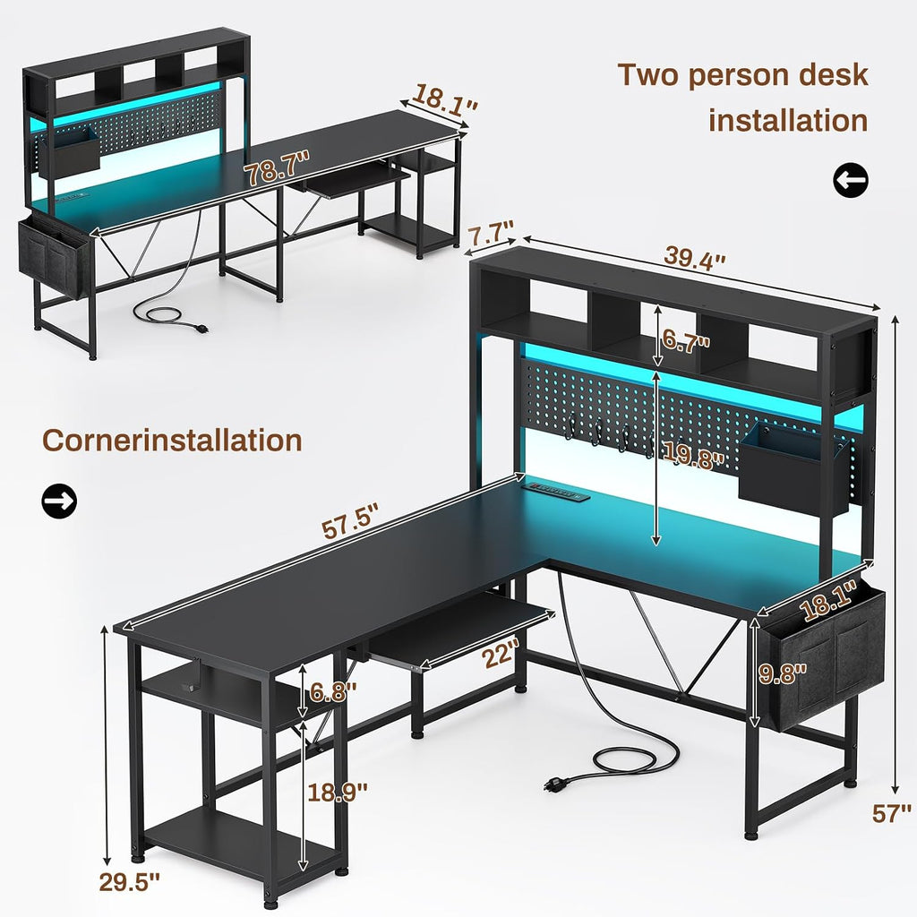 SEDETA L Shaped Gaming Desk with Hutch, 57.5' Reversible Corner Computer Desk with Storage Shelves, Gaming Desk with Pegboard, LED Lights, Power Outlet, Keyboard Tray and Storage Bag, Black