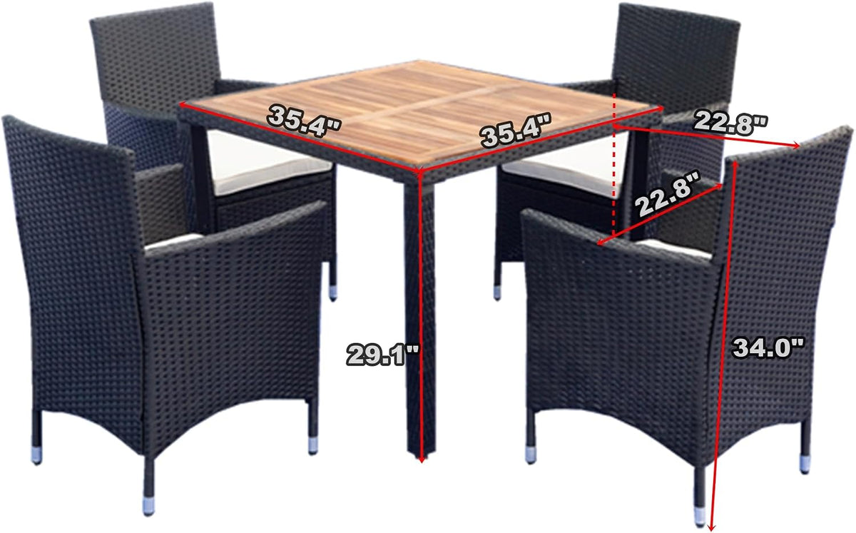 EMKK 5 Piece Outdoor Dining Set All-Weather Wicker Patio Table and Chairs with Cushions, Acacia Glass Tabletop for Backyard Porch Garden Poolside