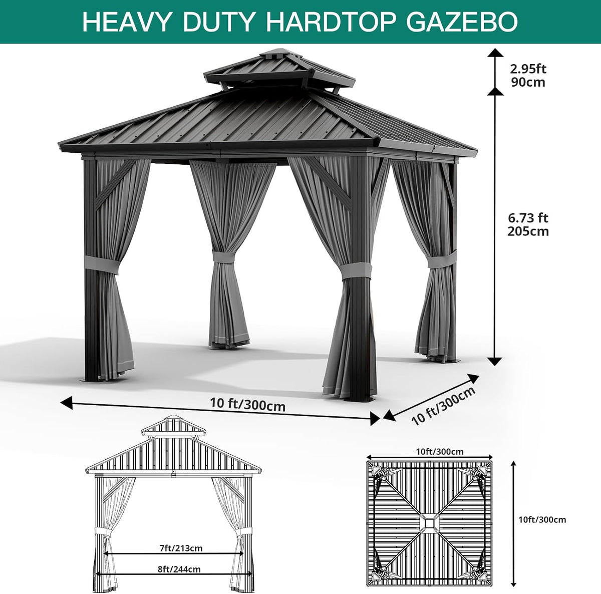 PeakPursuit 10'x10' Hardtop Gazebo, Heavy Duty Aluminum Permanent Hardtop Gazebo Outdoor Pavilion with Curtains and Netting for Garden