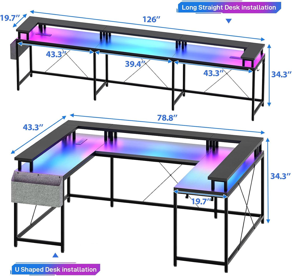 GAOMON U Shaped Desk, 79' U Shaped Gaming Desk with Monitor Stand and LED Lights, Reversible Long Shaped Large Computer Desk with Power Outlets, Large Corner Office Desk with Storage Bag and Hooks