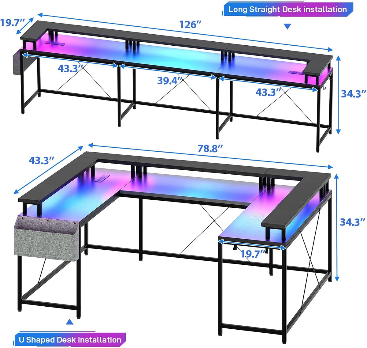 GAOMON U Shaped Desk, 79' U Shaped Gaming Desk with Monitor Stand and LED Lights, Reversible Long Shaped Large Computer Desk with Power Outlets, Large Corner Office Desk with Storage Bag and Hooks