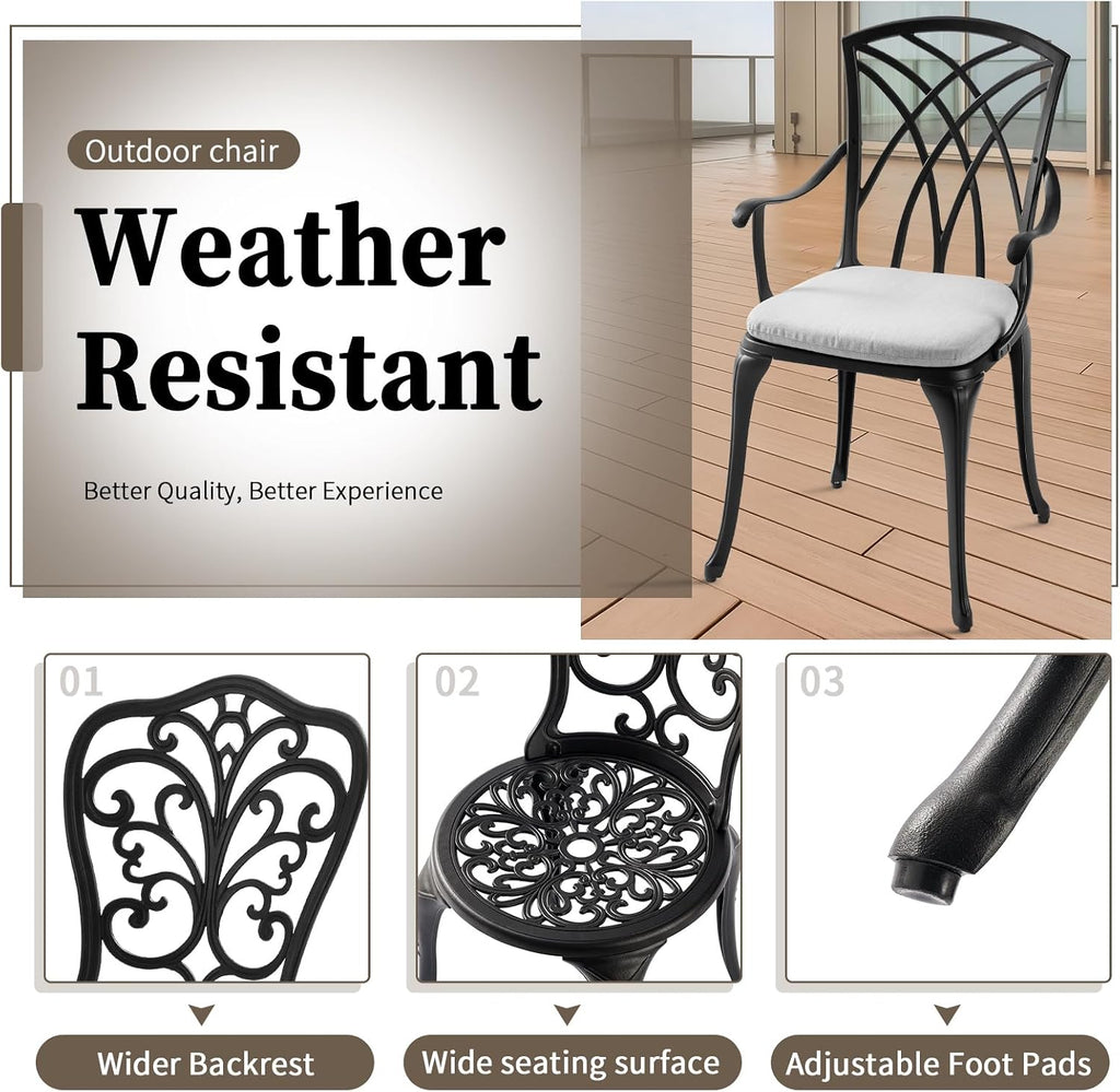 Patio Bistro Sets Cast Aluminum Bistro Table and Chairs Set of 2 with Umbrella Hole,Outdoor Bistro Set with Cushion for Yard (BLACK1)