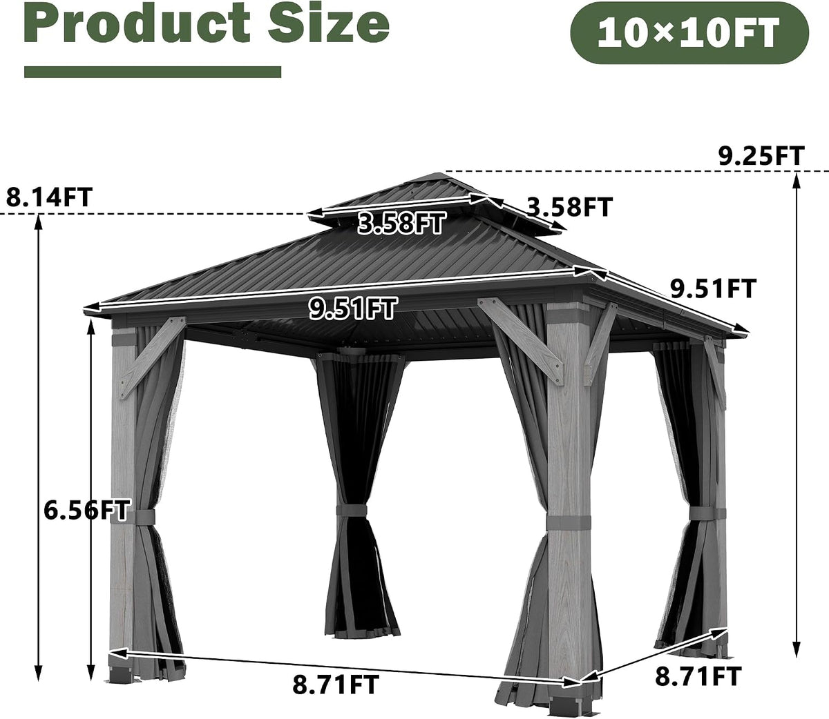 10x12FT Hardtop Wood Gazebo, Outdoor Gazebo with Cedar Wooden Pillar & Double Metal Roof - Weather-Resistant Gazebos Pavilion for Patio, Garden, Backyard (w/Netting & Gray Curtains)