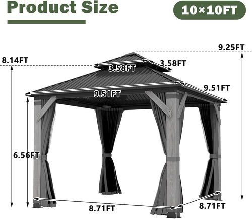 10'x10' Hardtop Wood Gazebo, Outdoor Double Roof Galvanized Steel Top Gazebo with Wooden Post, Curtains & Netting for Backyard, Patio, Deck (10x10 FT)
