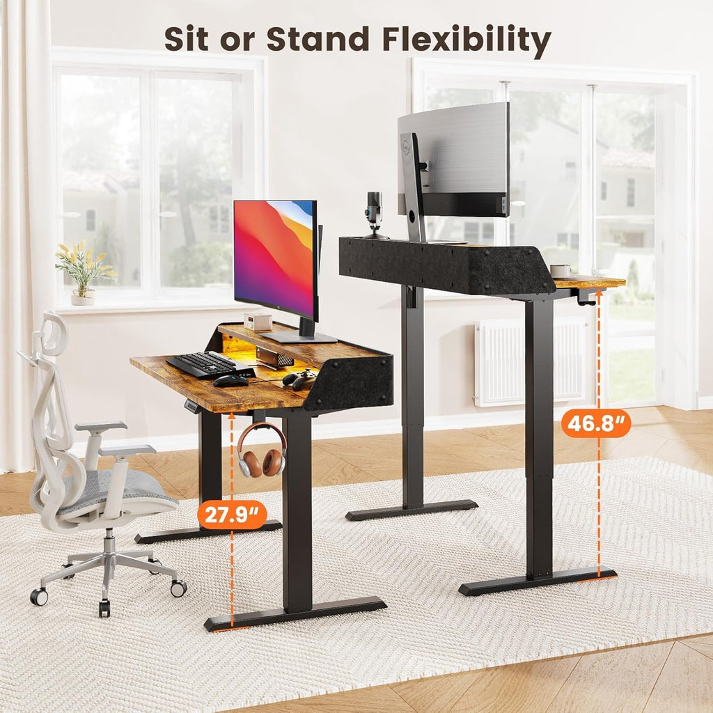 ErGear Standing Desk with LED Strip, 55″ x 28″ Electric Height Adjustable RGB Gaming Table with Shelf, Sit Stand Desk with Dual Cable Holes, C-Clamp Mount Compatible, 4 Preset Heights, Vintage Brown
