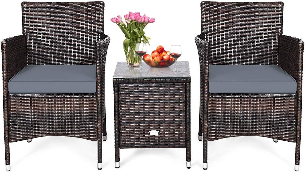HAPPYGRILL 3-Pieces Patio Furniture Set Outdoor Wicker Rattan Conversation Set with Coffee Table Chairs & Thick Cushions Bistro Sets for Patio Garden Lawn Backyard Pool