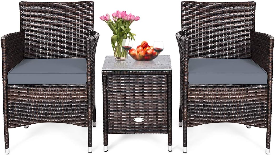 HAPPYGRILL 3-Pieces Patio Furniture Set Outdoor Wicker Rattan Conversation Set with Coffee Table Chairs & Thick Cushions Bistro Sets for Patio Garden Lawn Backyard Pool