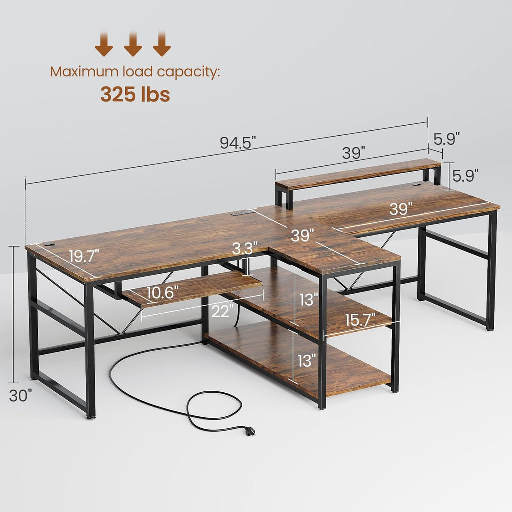 SEDETA 94.5' Home Office Desks, Computer Gaming Desk with Storage, LED Lights, Power Strip with USB, Keyboard Tray & Monitor Stand, Extra Long Double Desk for 2 Person, Rustic Brown