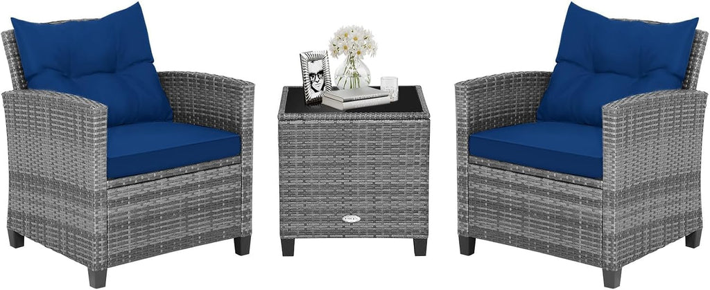 HAPPYGRILL 3 Pieces Patio Conversation Set, Outdoor Furniture Set PE Rattan Sofa Set with Removable Cushions, PE Wicker Chairs with Tempered Glass Side Table for Porch Lawn Garden Balcony Backyard