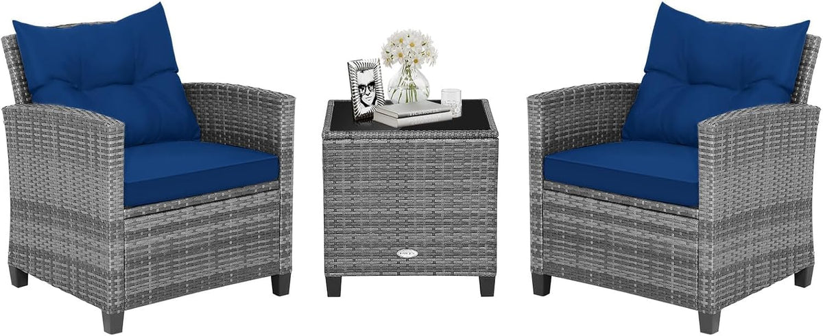 HAPPYGRILL 3 Pieces Patio Conversation Set, Outdoor Furniture Set PE Rattan Sofa Set with Removable Cushions, PE Wicker Chairs with Tempered Glass Side Table for Porch Lawn Garden Balcony Backyard