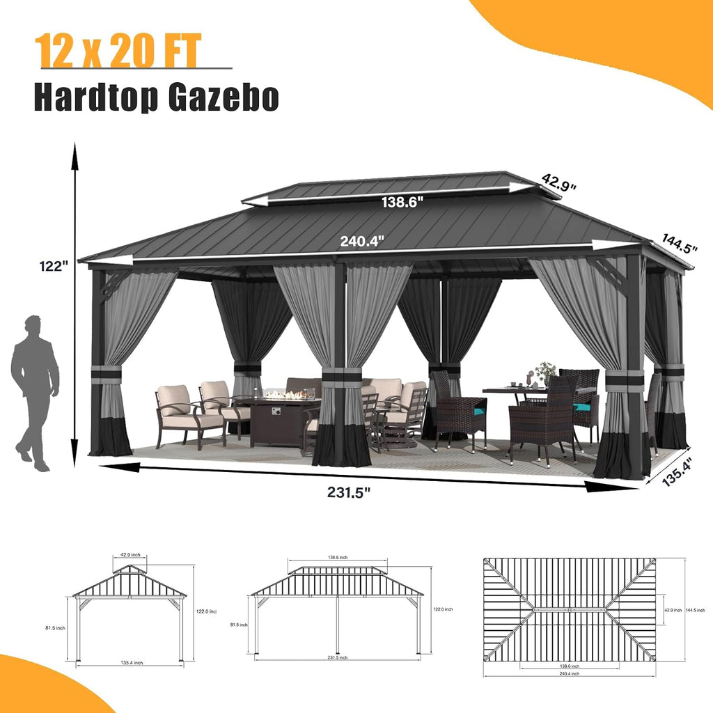 ALAULM 12'x20' Hardtop Gazebo, Outdoor Double Roof Canopy with Netting and Curtains, Galvanized Metal Frame, Sunshade for Patio, Backyard, Deck and Lawns-Gray