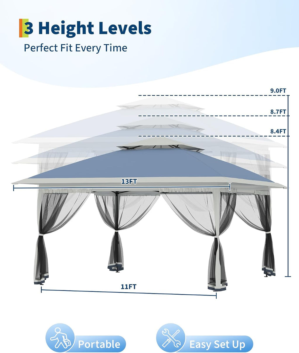 Canopy Tent 13x13 ft, Pop Up Gazebo One-Push Setup with 4 SandBags for Backyard Parties and BBQs, Mosquito Netting & Height Adjustable - Navy Blue