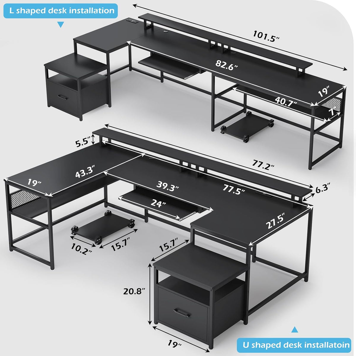 SEDETA U Shaped Desk,101.5''Reversible L Shaped Home Office Desk with Drawer & Power Outlet,Computer Two Person Desk with Monitor Shelf, Keyboard Tray, Black