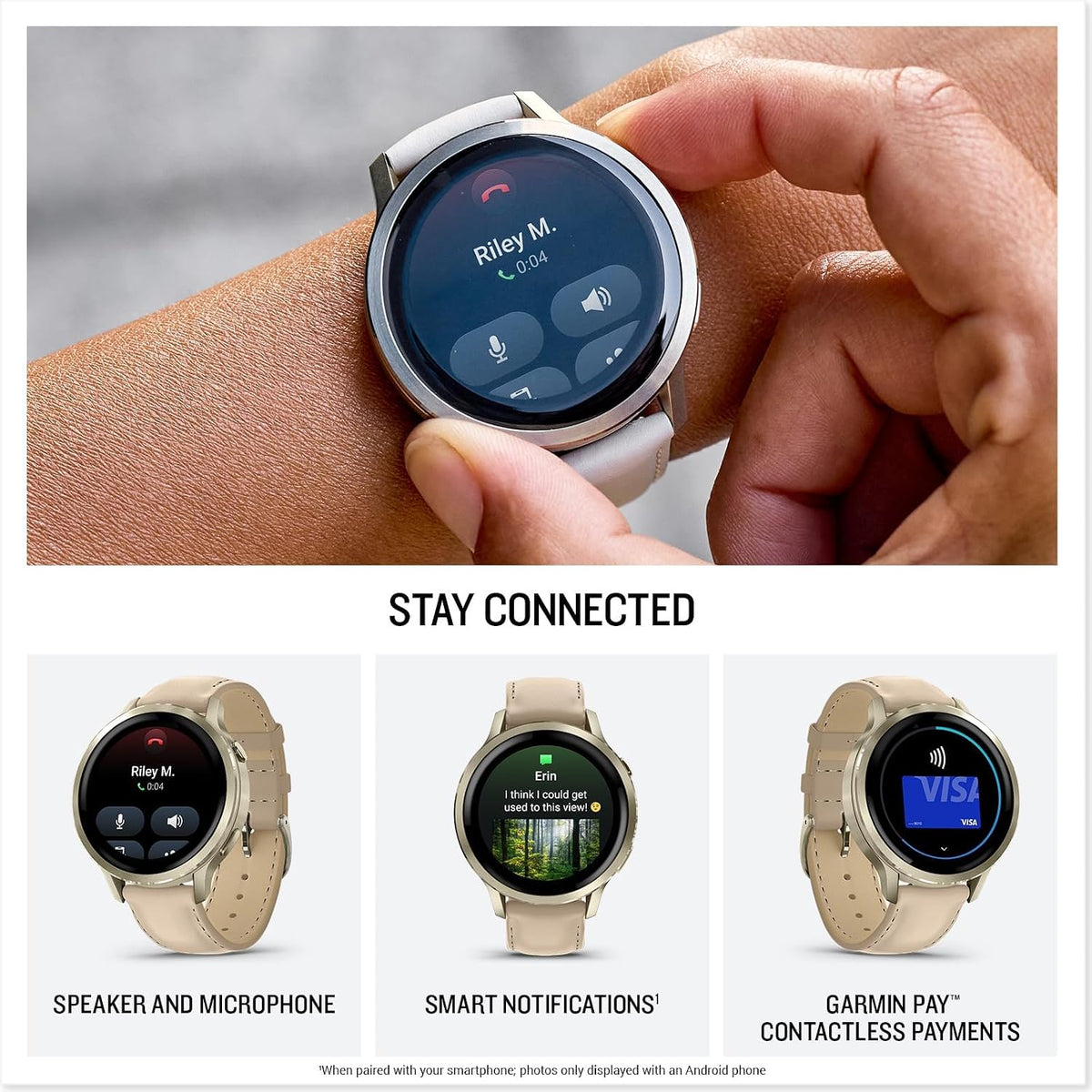 Garmin Venu 4 (41mm) GPS Smartwatch Lunar Gold with Bone Band and Light Sand Leather Band Bundle w/Deco Essentials Charging Dock, 3-Pack Dust Covers & 2-Pack 1.2' Screen Protectors