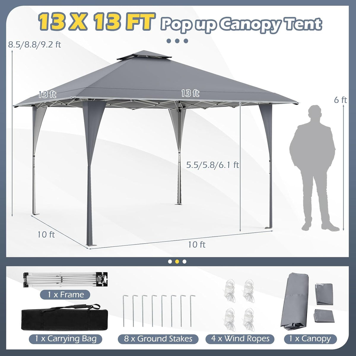 Tangkula 13x13 FT Pop Up Gazebo, UPF50+ Outdoor Sunshade Shelter with Carrying Bag, 8 Stakes, 4 Wind Ropes, Foldable Outdoor Gazebo for Beach Party Event Camping (Gray)