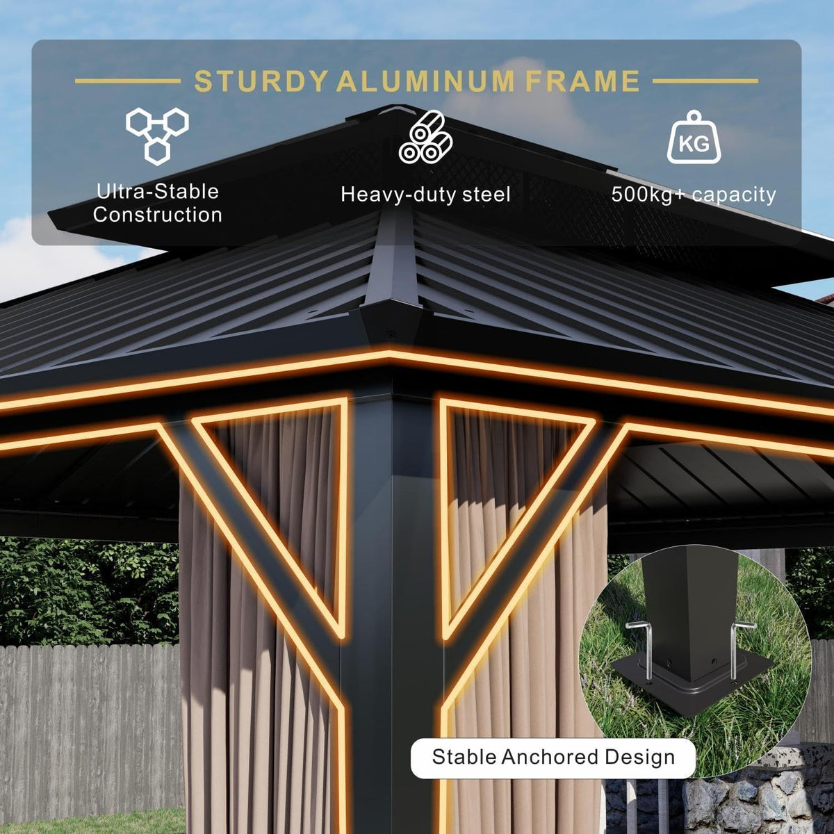 10'x12' Hardtop Gazebo with Fan, Galvanized Steel Double Roof Canopy with Aluminum Frame, Outdoor Pavilion with Nettings and Curtains