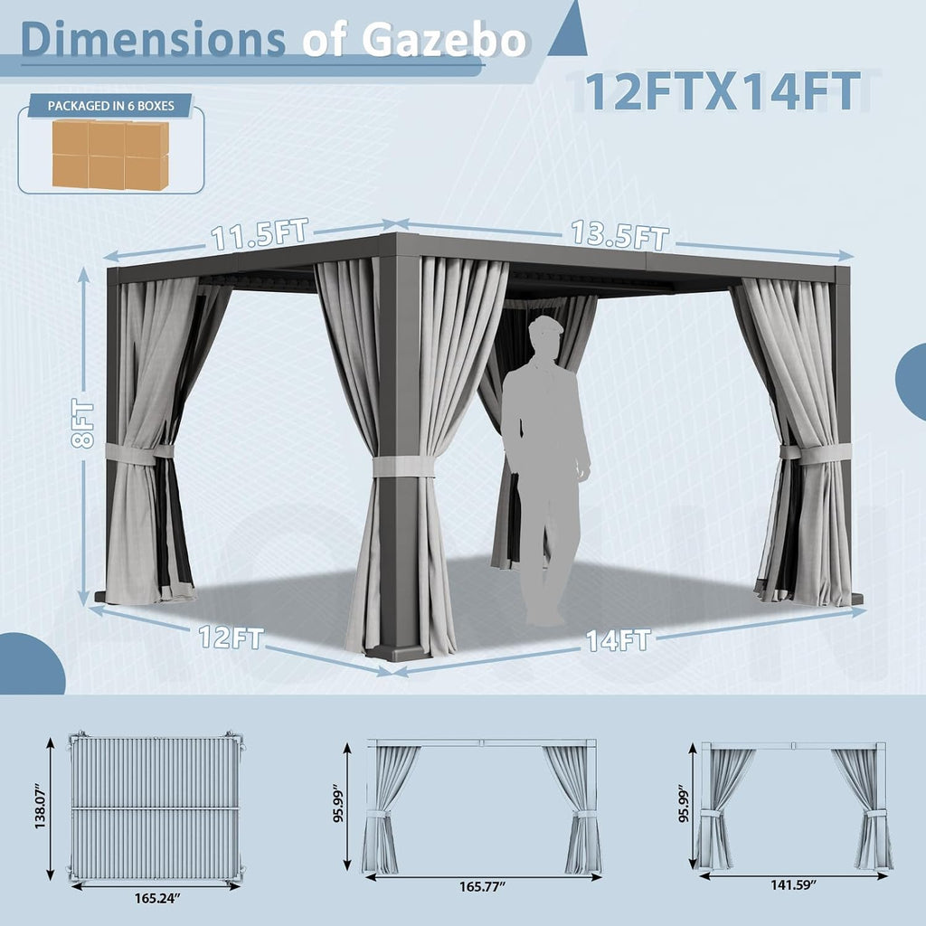 Aoxun Louvered Pergola 12' x 14' Outdoor Aluminum Pergola Adjustable Roof, with Waterproof Curtains and Nets, for Decks, Gardens, Gray
