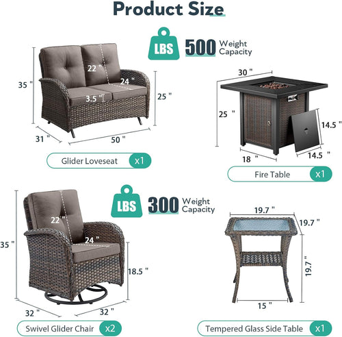 5 Piece Patio Furniture Set with Fire Pit Table - Wicker Patio Conversation Set with Swivel Glider, Glider Loveseat, Tempered Glass Side Table for Deck Backyard - Brown Wicker Grey Cushion