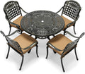 VIVIJASON 5-Piece Patio Furniture Dining Set, All-Weather Cast Aluminum Outdoor Conversation Set, Include 4 Cushioned Chairs and 1 Round Table w/Umbrella Hole for Balcony, Lawn, Garden, Backyard