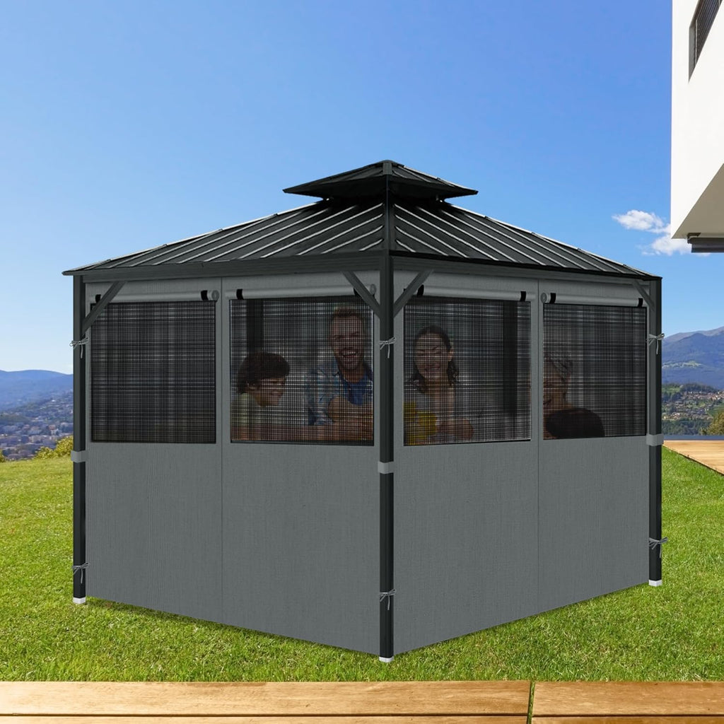 Gazebo Privacy Curtains 10' x 12' with Mosquito Windows, 4-Panels Side Wall with Zipper Universal Replacement for Patio, Outdoor Canopy, Garden and Backyard, Gray (Curtain Only)