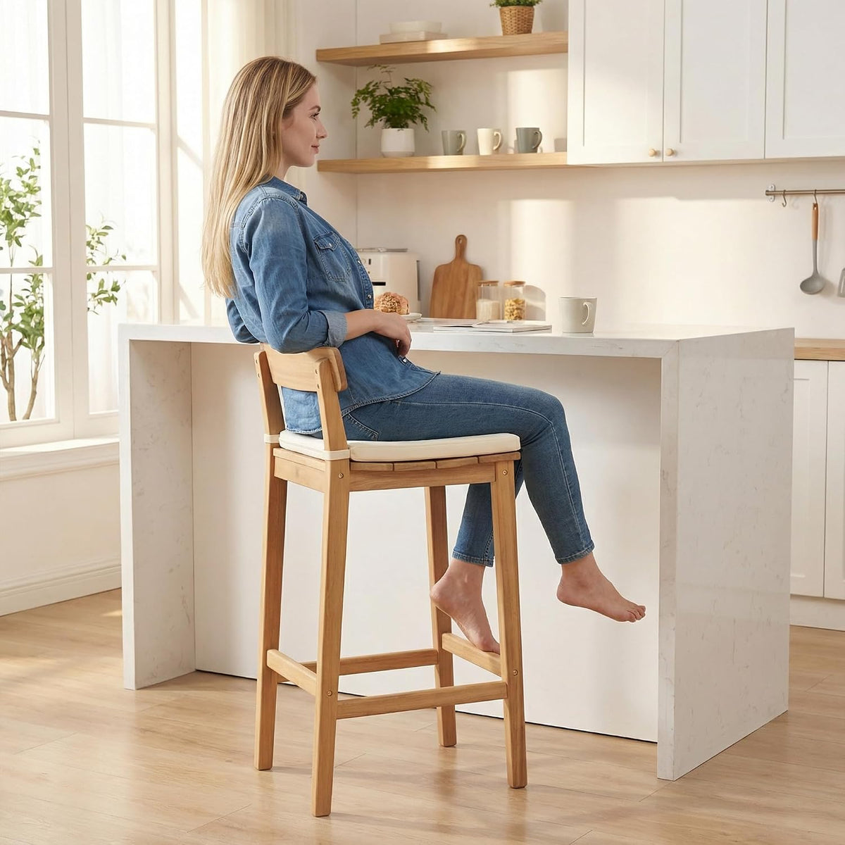 Patio Bar Stools Set of 6, Solid Acacia Wood Patio Barstools with Footrest, 28.5' Counter Height Outdoor Bar Stools, High Top Patio Bar Chairs for Balcony/Deck/Kitchen Island/Bistro, Beige